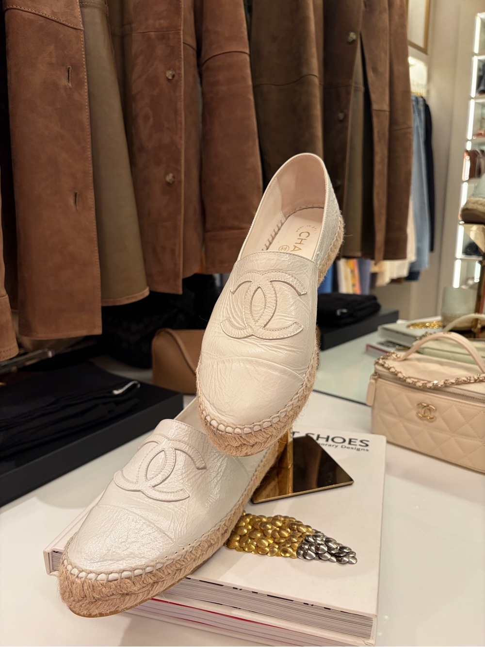 CHANEL Cream Leather Espadrille Flats with CC Logo